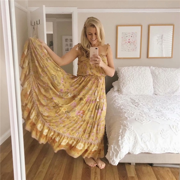 boho chic gypsy mustard floral print maxi dress - Picture 1 of 5